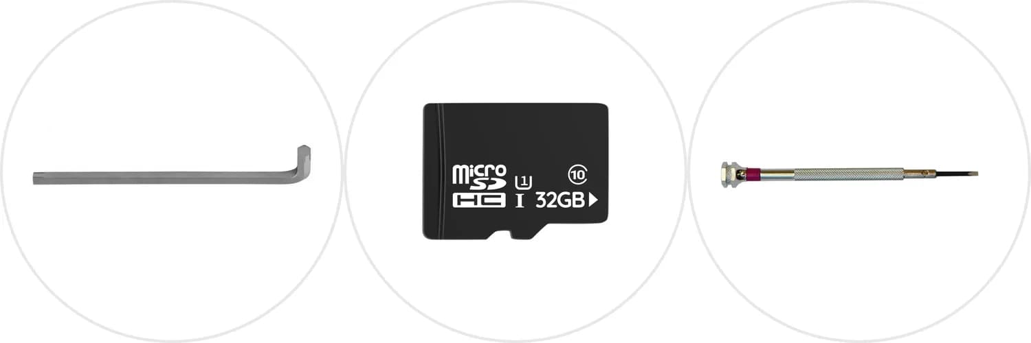 Шестигранник H3, карта microSD и шлицевая отвёртка 1,5 мм